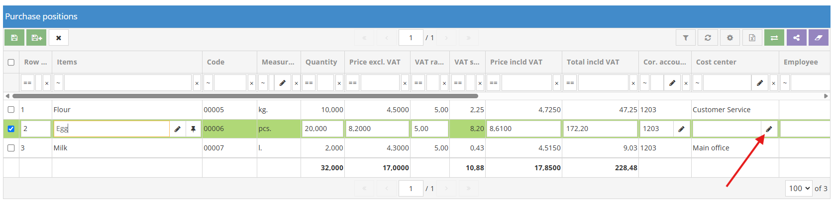Assigning cost center to purchase invoice position